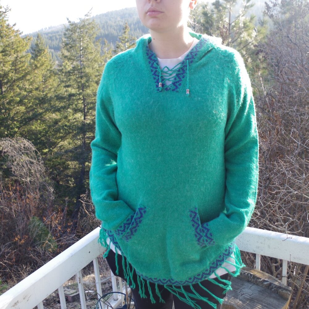 Alpaca Handmade Green Ladies BoHo Fringe Bottom Sweater